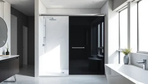 Reveal a stylish black shower sliding door framed in polished chrome against a sleek bathroom backdrop.