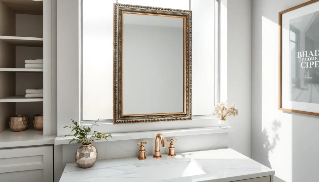 Reflecting an elegant bathroom mirror over a marble sink, showcasing luxury and style in design.