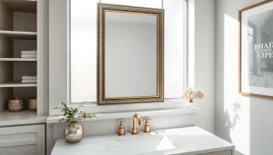 Reflecting an elegant bathroom mirror over a marble sink, showcasing luxury and style in design.