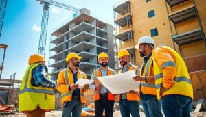 Engaged professionals discussing projects showcasing careers in construction on a lively site.