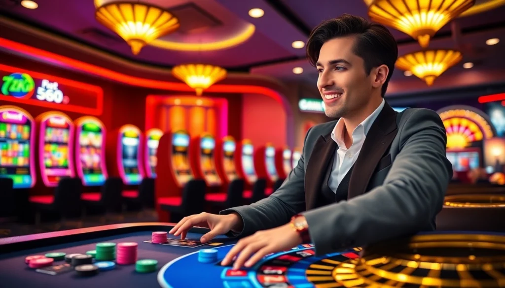 Exciting online gambling scene featuring NK88 with vibrant casino elements and a joyful player.