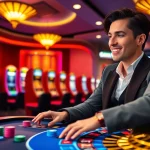 Exciting online gambling scene featuring NK88 with vibrant casino elements and a joyful player.