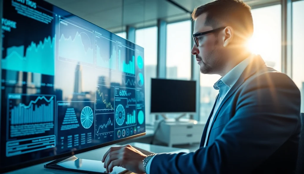 Utilizing competitive intelligence data, a business analyst examines insights in a modern office.