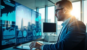 Utilizing competitive intelligence data, a business analyst examines insights in a modern office.