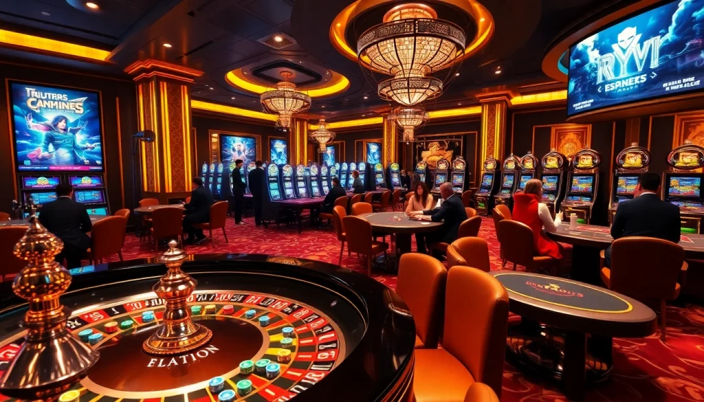 Gambling at a luxurious casino with roulette, poker tables, and slot machines related to https://xoixoai.com/.