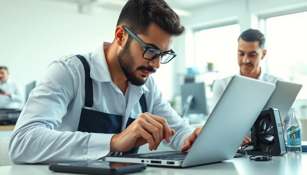 Get professional Computer help near me with a technician assisting a client in a bright office.
