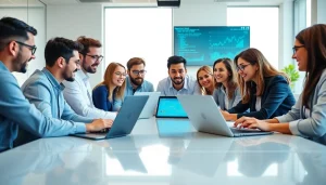 Collaborative professionals demonstrating AI integration service provider expertise in a modern office.