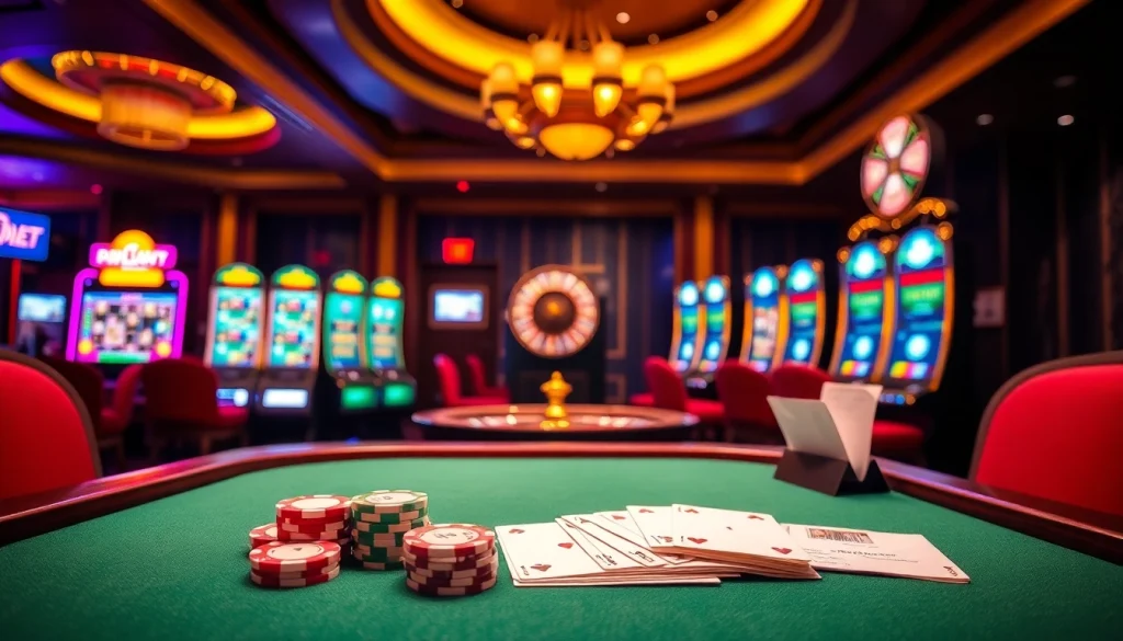 Experience thrilling gameplay at https://rr88.navy/ with a vibrant casino scene featuring poker chips and cards.