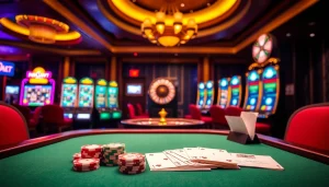 Experience thrilling gameplay at https://rr88.navy/ with a vibrant casino scene featuring poker chips and cards.