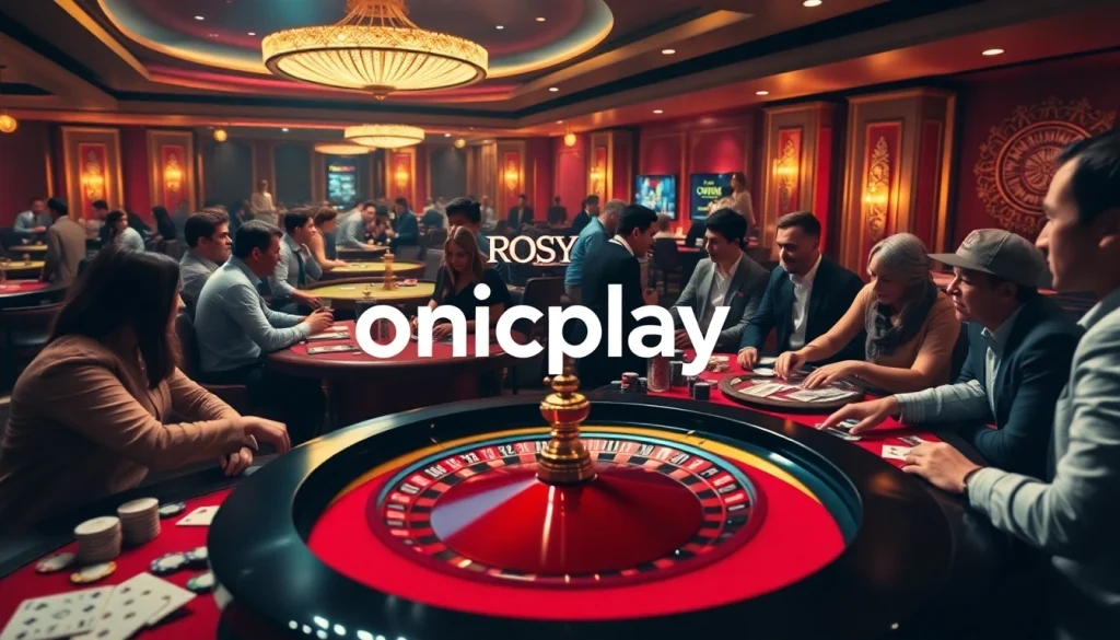 Experience the excitement of onicplay with players at a vibrant casino roulette table.