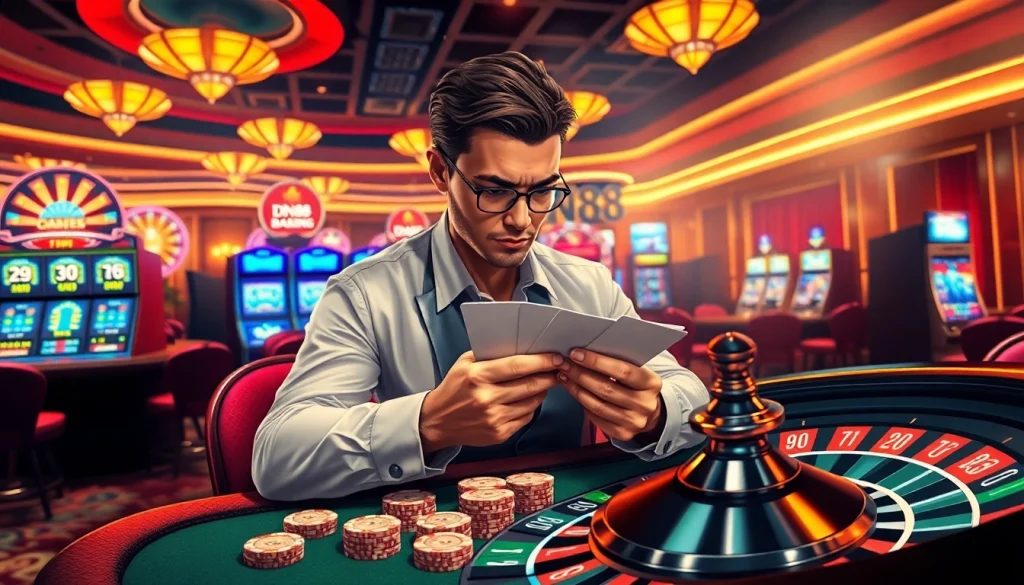 Experience high-stakes gambling with DN88 as a centerpiece, featuring poker tables and roulette wheels.