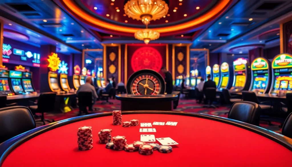 Players enjoying high-stakes games at TK88 casino with vibrant slot machines and roulette wheel