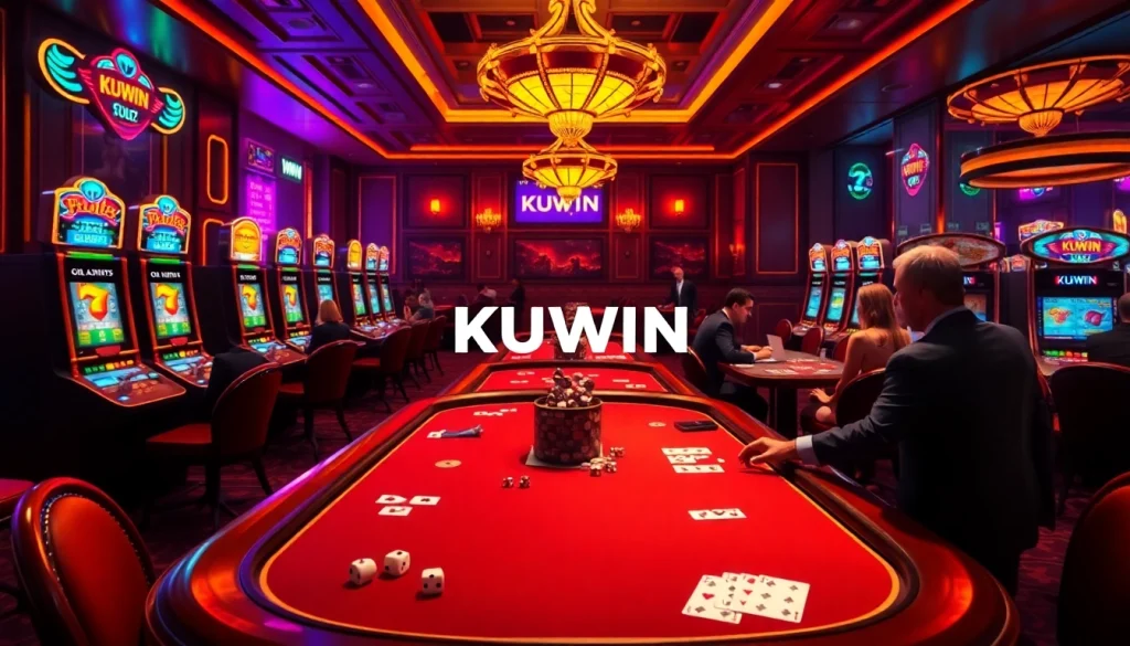 Experience thrilling gameplay at KUWIN's casino tables with vibrant slot machines and engaging poker.