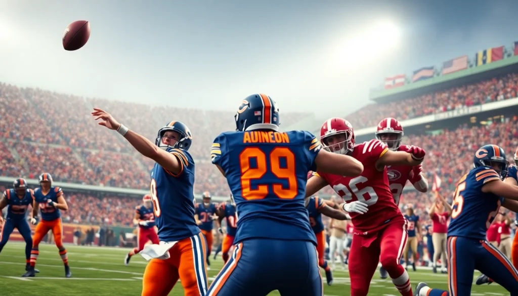 Intense Bears vs 49ers football game with teams in action on the field.