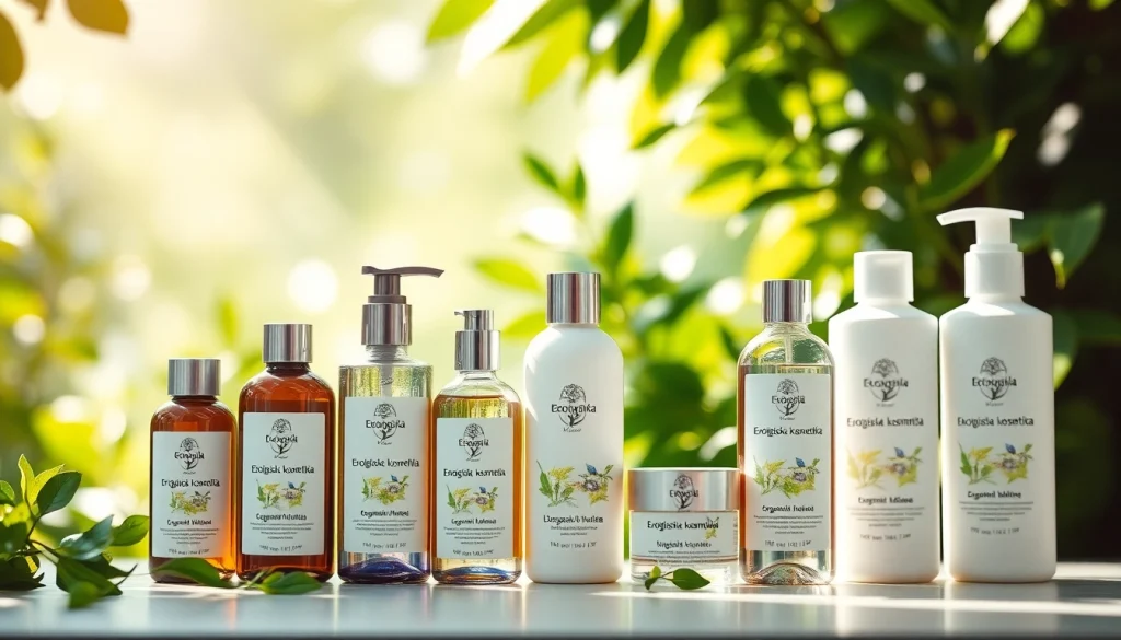 Ekologiska kosmetika buteliukai natūralioje aplinkoje, perteikiantys ekologišką grožio filosofiją.