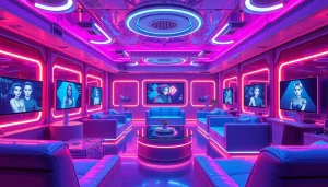 Engaging scene of NSFW character AI interaction in a futuristic lounge.