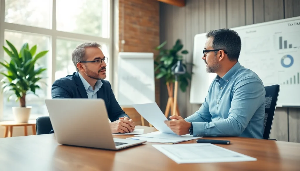 Tax advisor discussing financial strategies with a client in a modern setting, conveying professionalism.