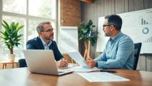 Tax advisor discussing financial strategies with a client in a modern setting, conveying professionalism.