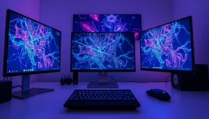 Dynamic AI NSFW art creation workspace with digital tools and vivid displays.