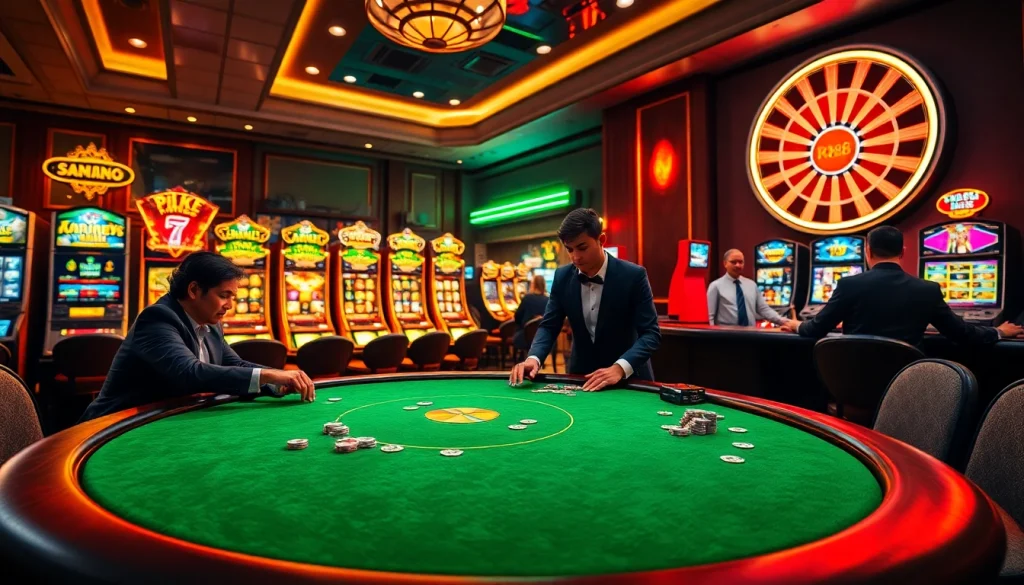 Exciting casino scene at RR88 featuring poker tables, slot machines, and vibrant casino ambiance.