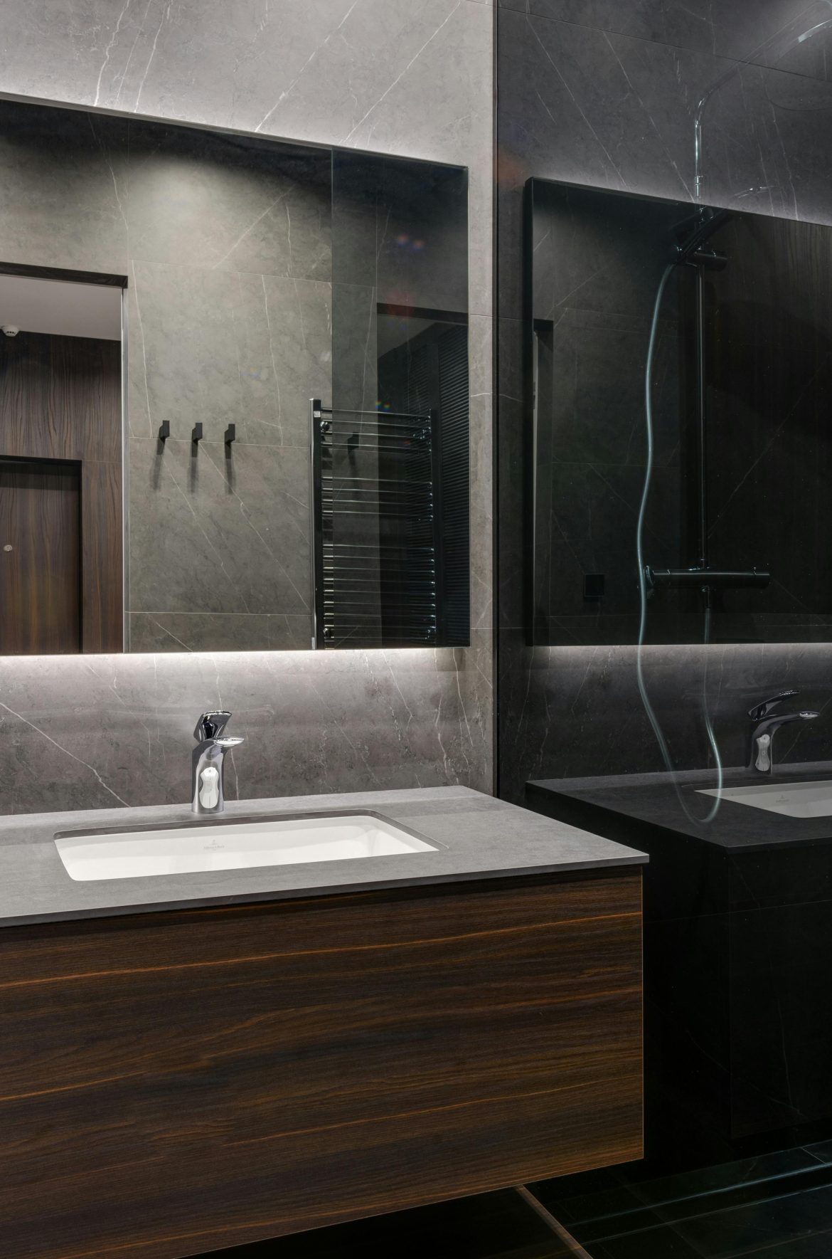 Bold Bathroom Designs Using Black Frame Shower Doors