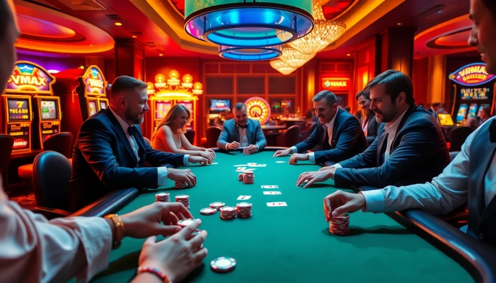 VMAX-themed poker players engaging in a thrilling game at a luxurious casino table.