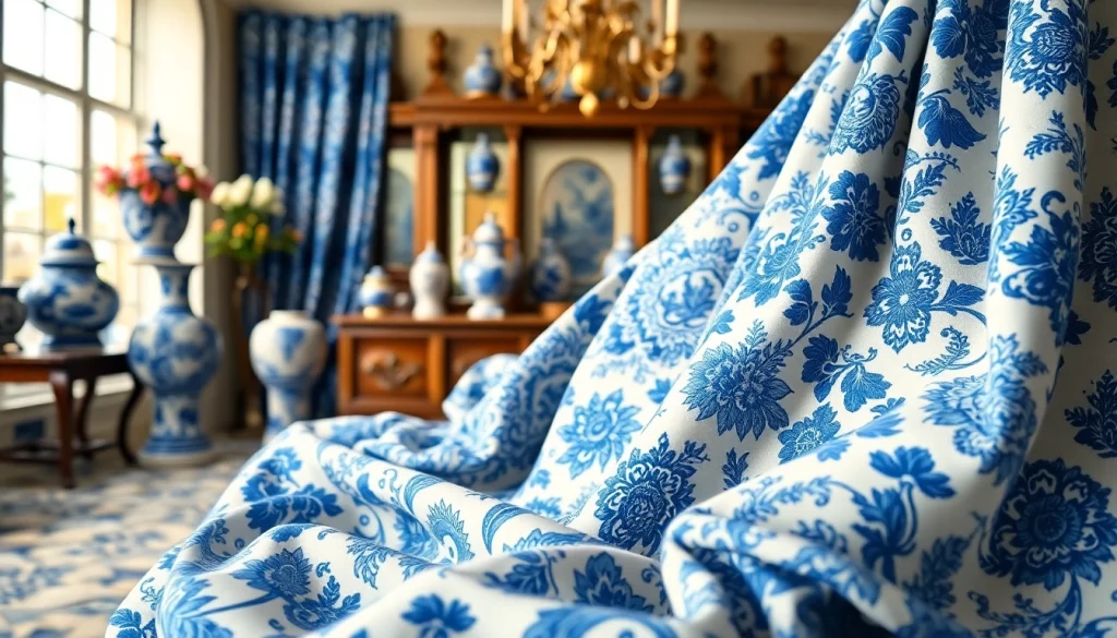 Delftsblauwe stoffen collectie met kleurrijke patronen in een elegante showroom.