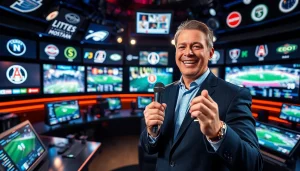 Engaging sports broadcasting scene with a sportscaster delivering analysis.