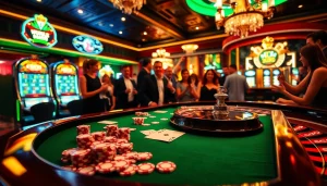 Excited players engaging with sbobet link alternatif at a bustling casino roulette table.