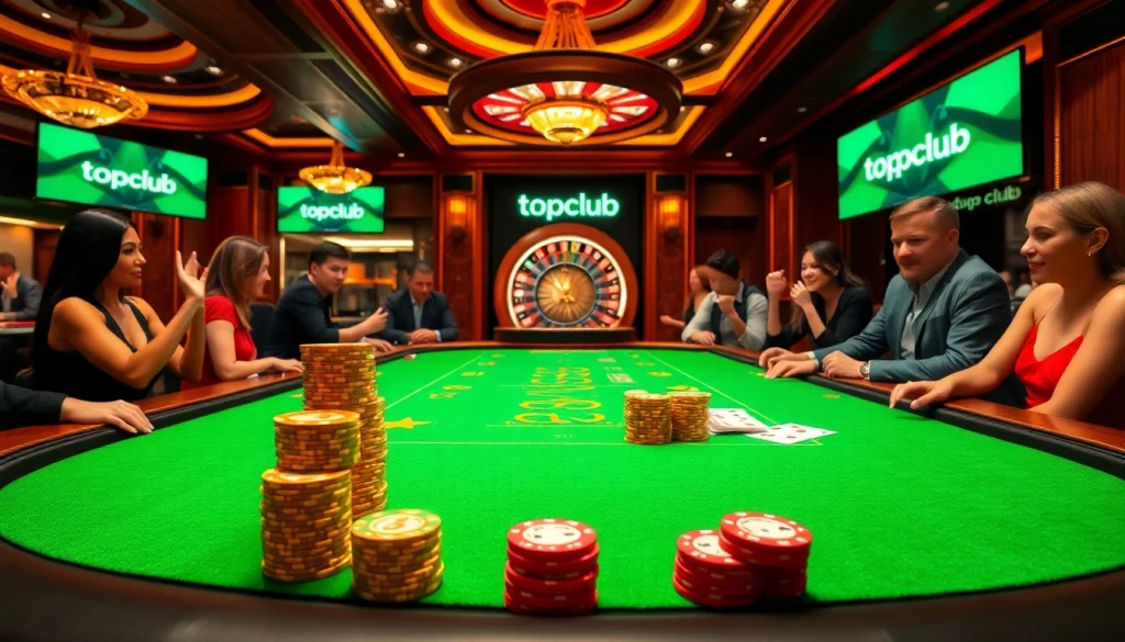 Players enjoying luck at the topclub casino table with poker chips and cards.