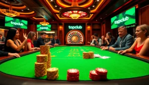 Players enjoying luck at the topclub casino table with poker chips and cards.