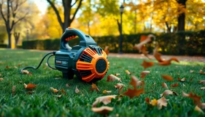 Electric leaf blower clearing autumn leaves in a sunny garden.