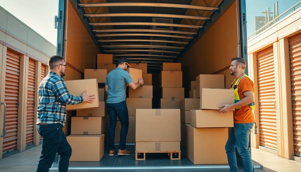 Moving Experts efficiently loading boxes at a bright storage facility.