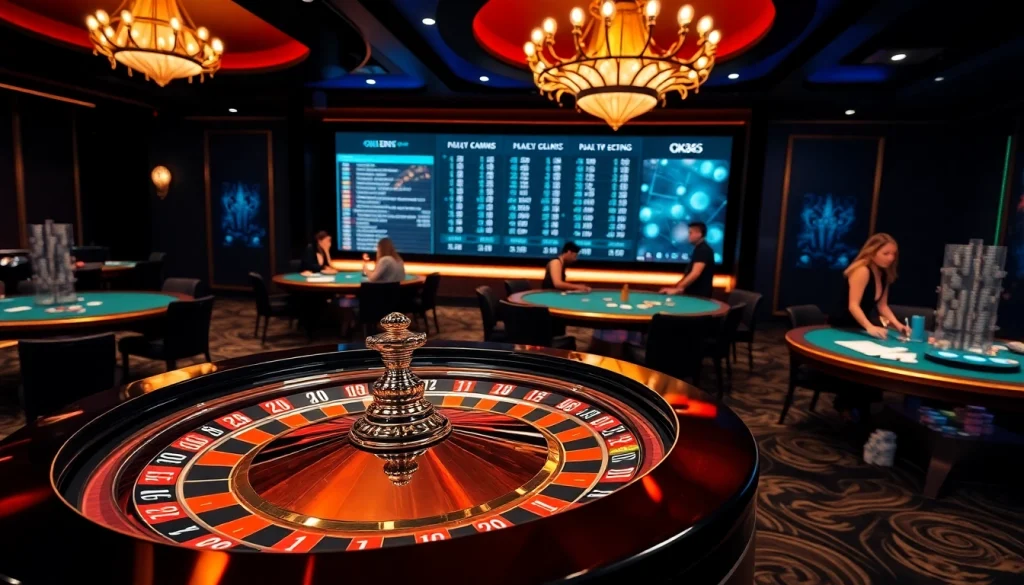 Experience luxury gaming with OK365 at a vibrant online casino featuring poker tables and roulette.