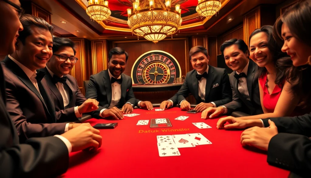 Adegan kasino yang mendebarkan menggambarkan kemenangan Datuk pada blackjack dengan pemain-pemain yang gembira dan dekorasi mewah.