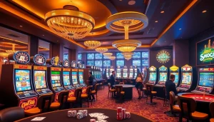 Players spinning vibrant idn slot machines in a luxurious casino filled with poker chips and cards.