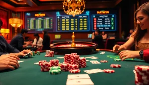 Experience excitement at Haywin with vibrant poker chips and a roulette wheel amidst a luxurious casino setting.