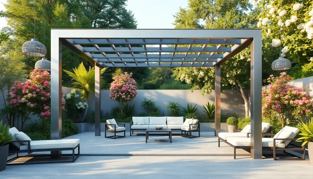 Modern steel pergola enhancing a stylish outdoor space with natural surroundings.