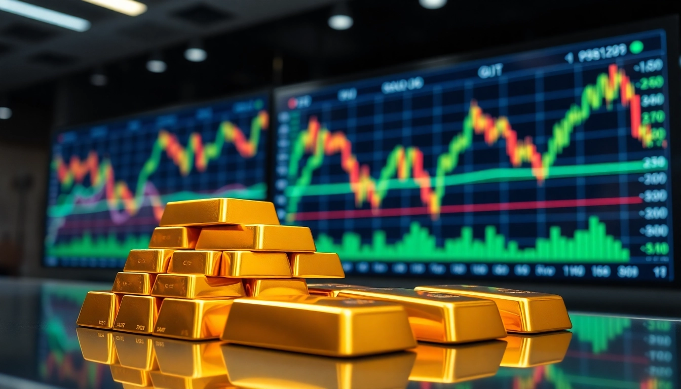 Visualize gold price today with gold bullion bars and trading screens in a vibrant market.