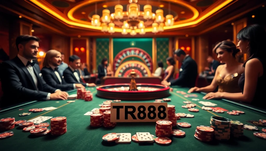 Engaged players at a casino table with TR88 betting slips, showcasing excitement in a vibrant gaming atmosphere.
