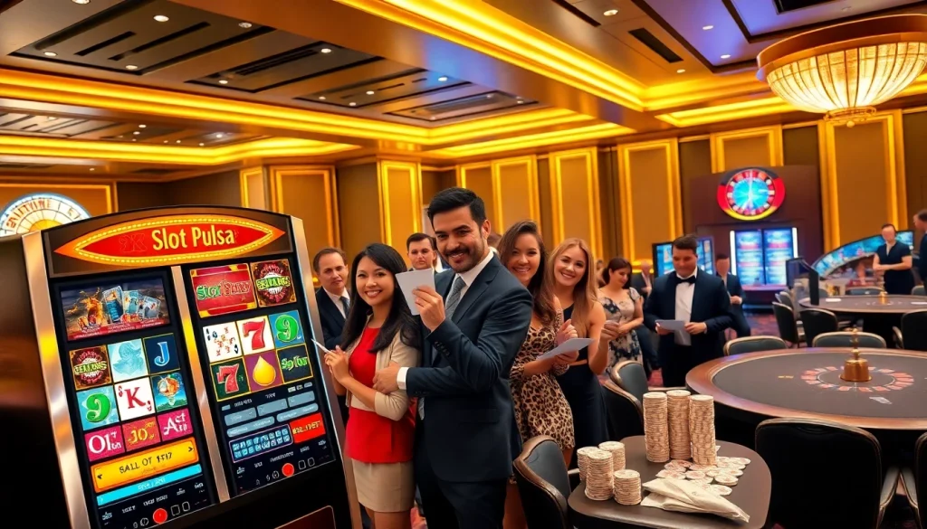 Pemain menikmati mesin slot pulsa dalam suasana kasino yang hidup penuh kegembiraan.