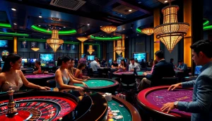 Experience the excitement of Tool xổ số siêu tốc in a luxurious casino scene filled with energized gamblers.
