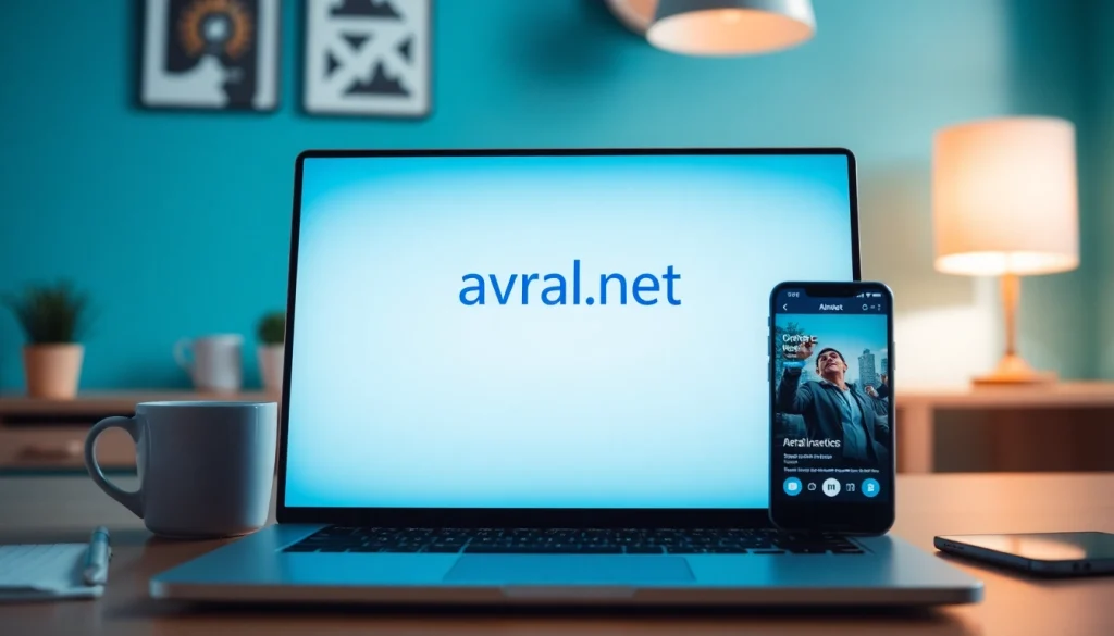 avral.net 웹사이트를 보여주는 전문적인 디지털 인터페이스, 세련된 배경을 갖춘 프레젠테이션.