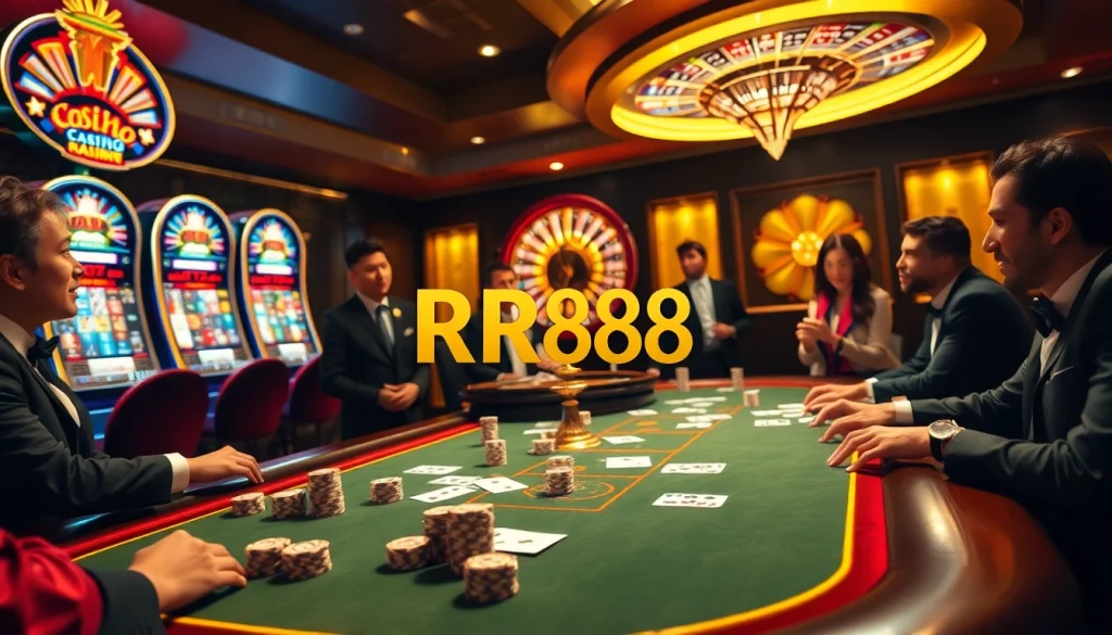 Players engage with lively casino games at RR88, showcasing poker chips, cards, and slot machines.