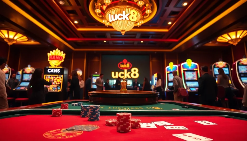 Engaging scene with poker chips and cards at luck8 trang chủ casino table, highlighting excitement and strategy.