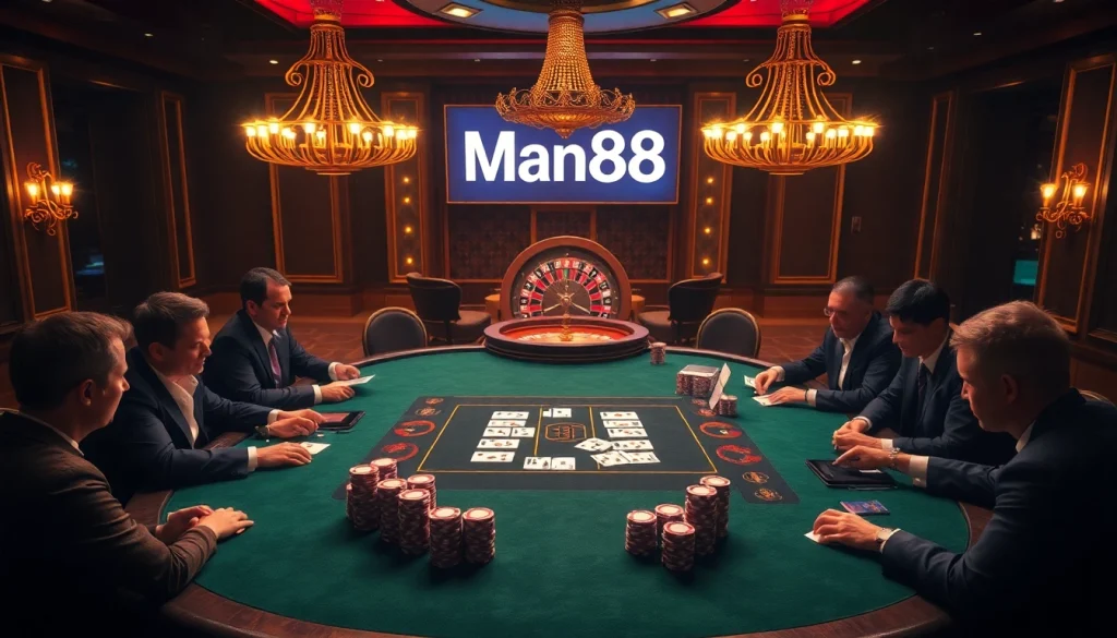 Players engaging in an exciting poker game with Man88 branding in a luxurious casino setting.