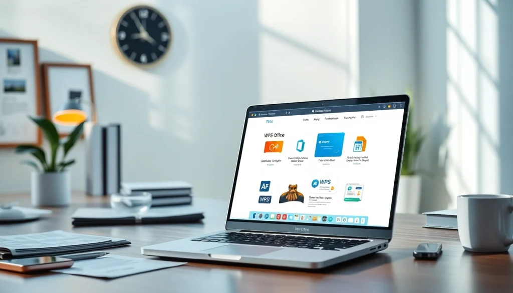 在现代办公室场景中，笔记本电脑上展示多种 WPS Office 应用的 WPS 下载。