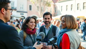 Capture a vibrant community gathering at https://www.todayville.com with journalists engaging locals.