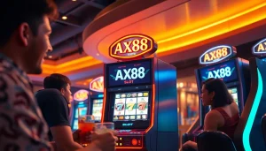 Trải nghiệm sự hồi hộp của AX88 slot tại một casino sôi động với hiệu ứng ánh sáng sống động và người chơi tham gia.