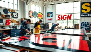 Crafting signs in a professional sign manufacturing workshop with artisans at work.